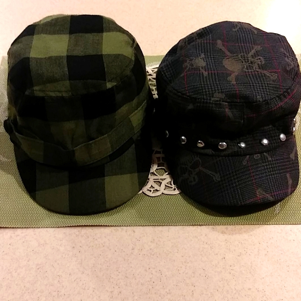 2 plaid and plaid/skull hats